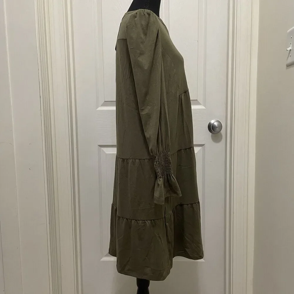 New Marokeety Long Sleeve Ruffle Midi Dress Olive V-Neck Pockets Women's‎ Small